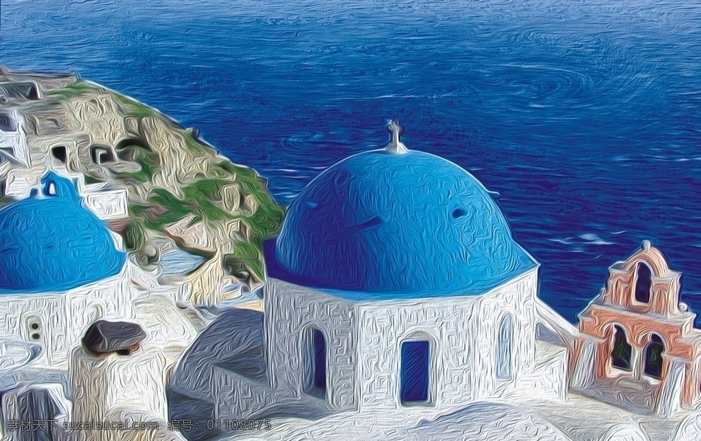 爱琴海 风景 油画 圣里托尼 底图 文化艺术 美术绘画
