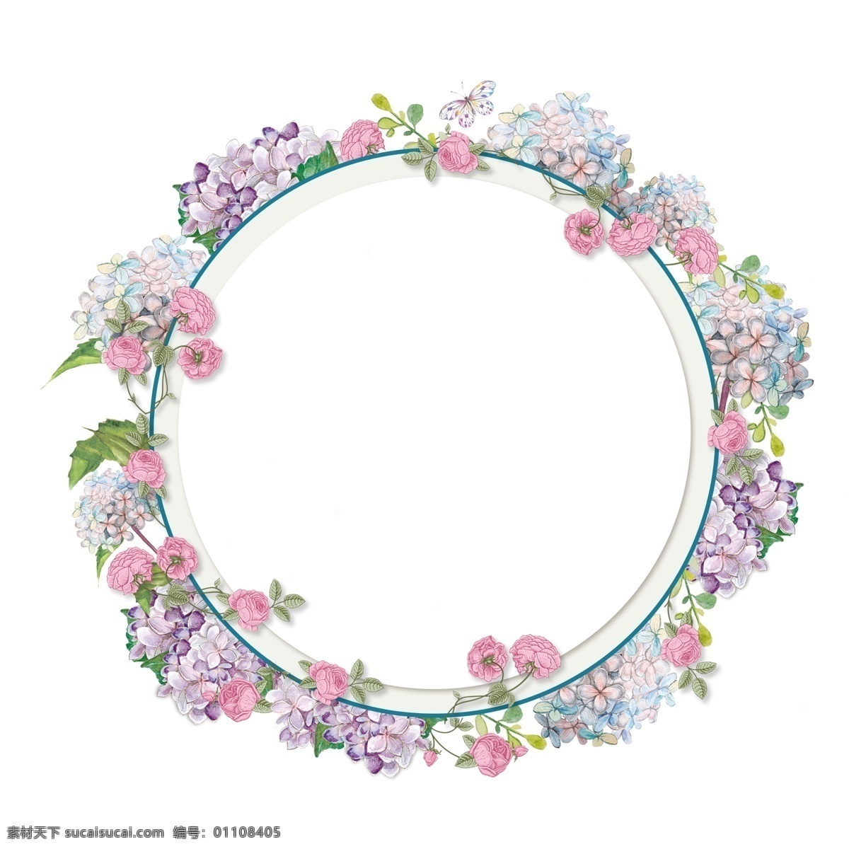圆形 手绘 浪漫 花卉 边框 清新 唯美 玫瑰 绣球花 植物