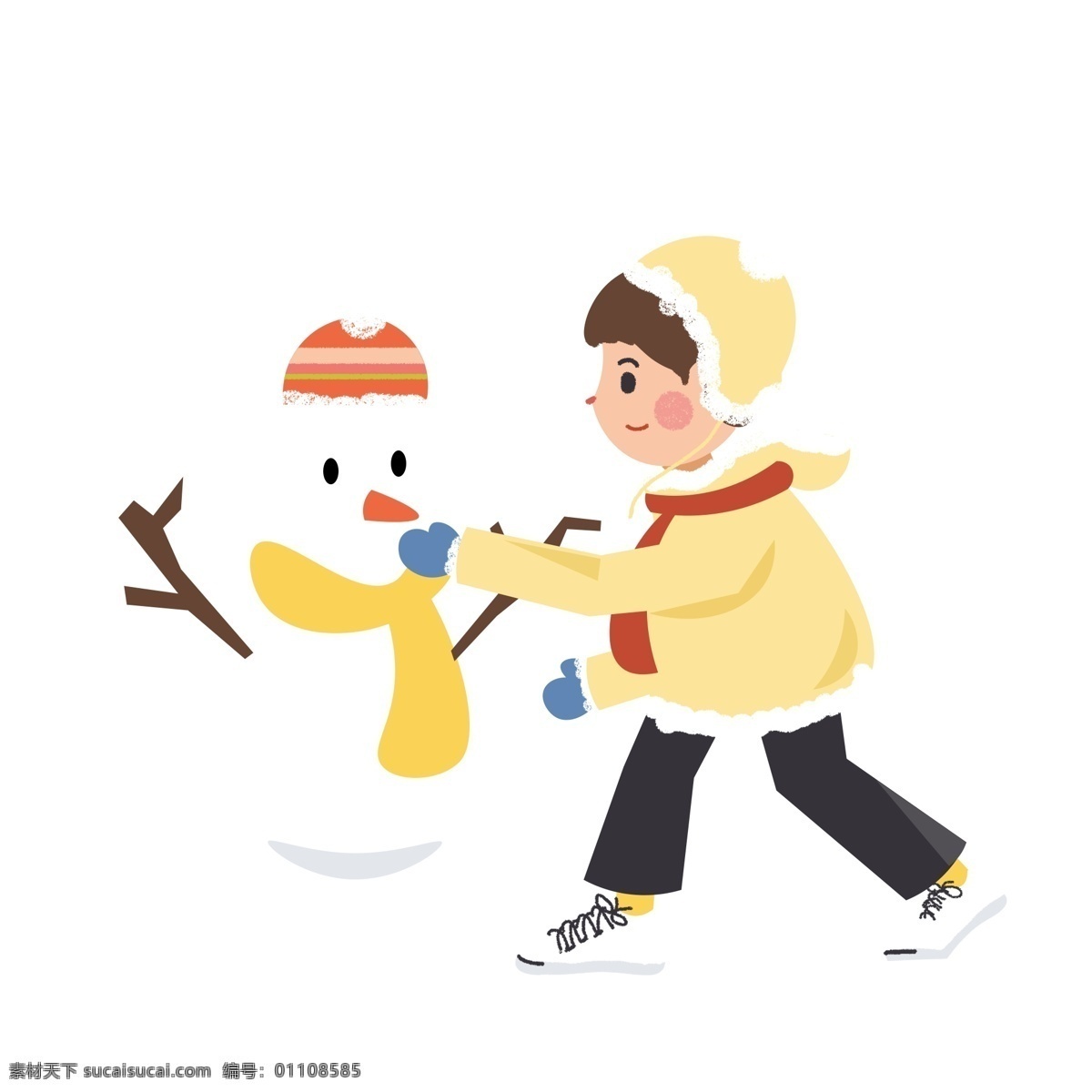 彩绘 清新 堆 雪人 男孩 插画 冬季 手绘 堆雪人