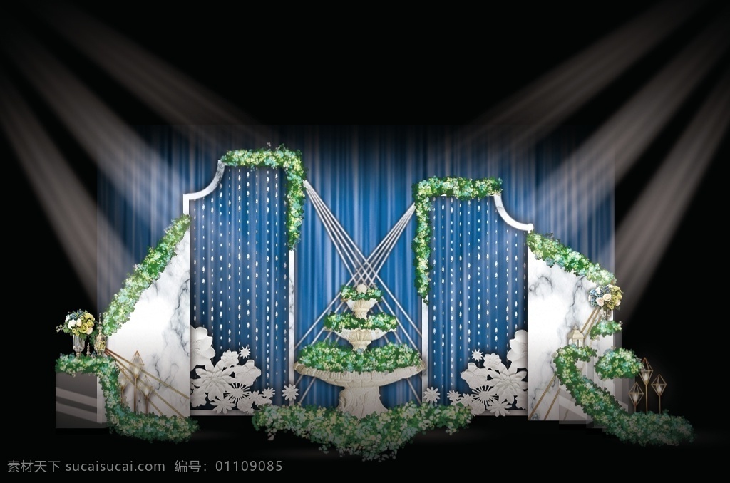 大理石 纹路 婚礼 迎宾 区 大理石纹路 喷泉 纸花 鲜花装饰 蓝色纱幔 异型路引 亚克力路引 迎宾区效果图