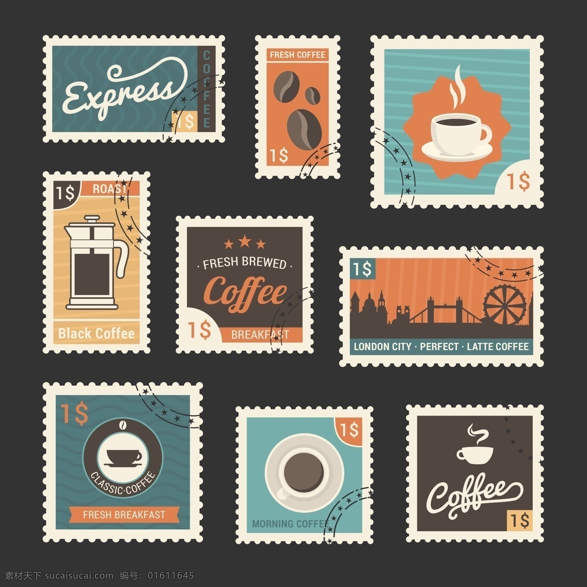 复古 咖啡 纪念邮票 咖啡厅 咖啡杯 咖啡豆 邮票 标签 风景 怀旧 矢量元素 小素材