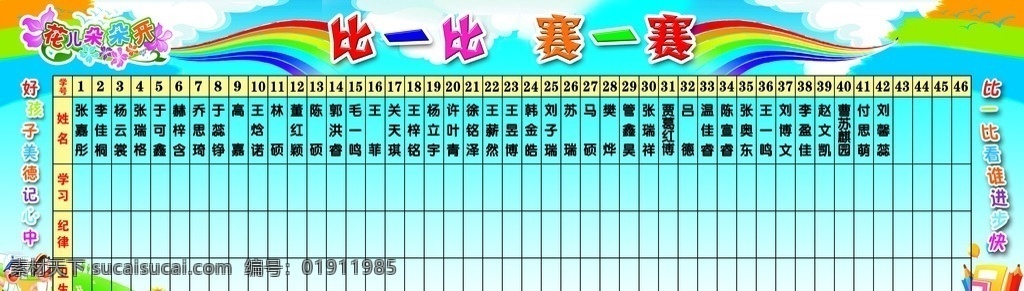 小学比赛图板 比一比赛一赛 彩虹 卡通背景 光荣榜 幼儿园图板 小学展板 卡通展板 分层