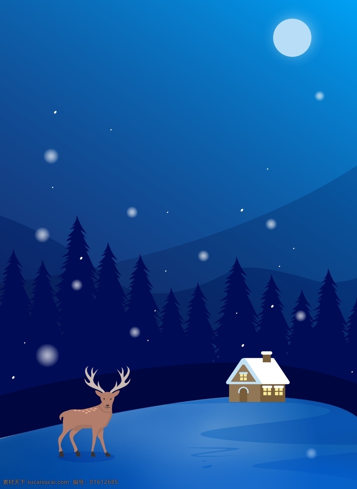 蓝色 卡 通风 树林 雪景 背景 下雪 冬天 冬至节气 传统节气 24节气冬天 冬至背景图 房屋