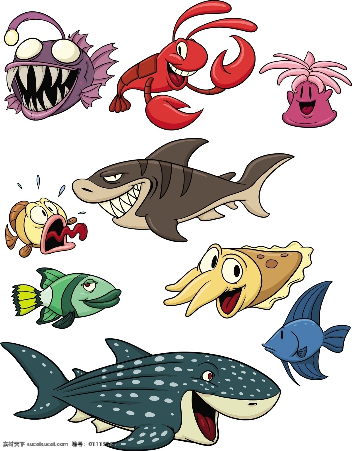 漫画 矢量 鲸鱼 卡通 可爱的 龙虾 鲨鱼 左口鱼 海洋材料 材料的数量 喉衬材料 矢量图 其他矢量图