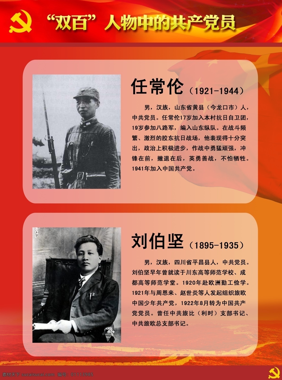 双百人物展板 双百 人物 中 共产党员 任常伦 刘伯坚 英雄人物 牺牲 英雄 展板模板 广告设计模板 源文件
