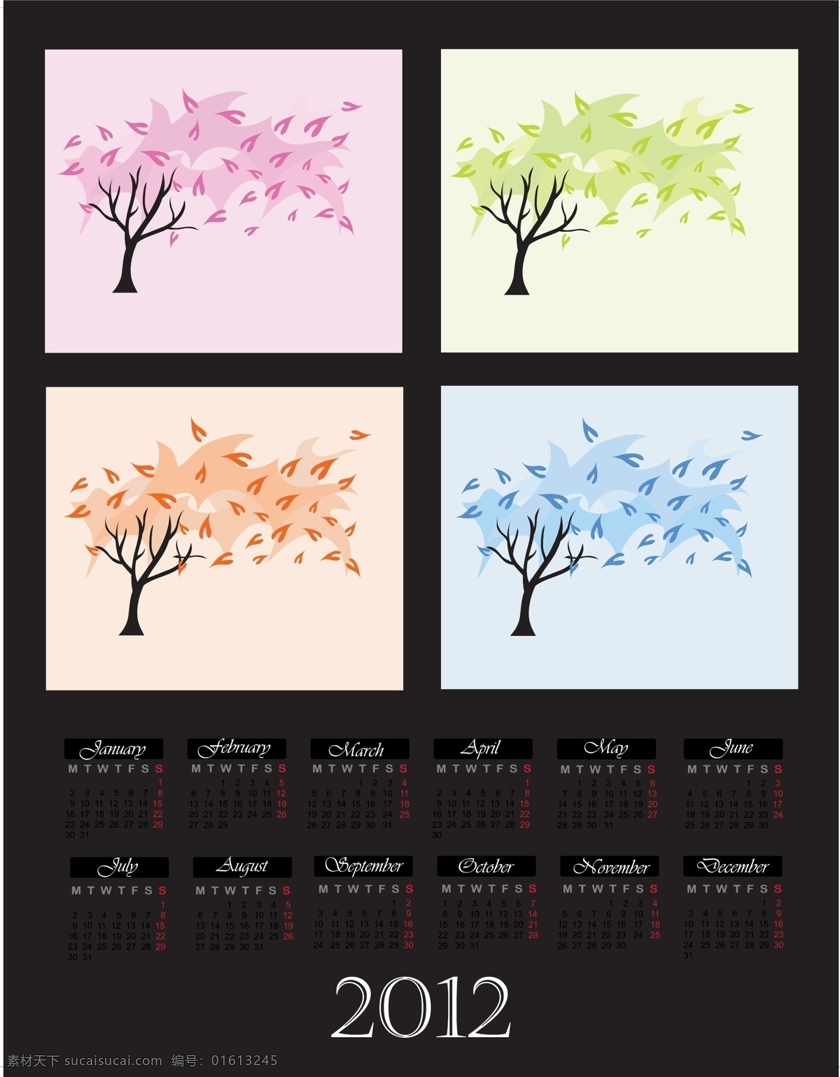2012 新年 日历 年 模板 年历 月历 台历 挂历模板 龙年 壬辰年 新年素材 日历台历 树 矢量素材 黑色