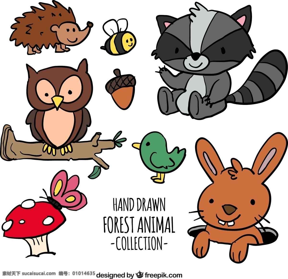款 彩绘 森林 动物 矢量 卡通 手绘 刺猬 兔子 小鸟 可爱