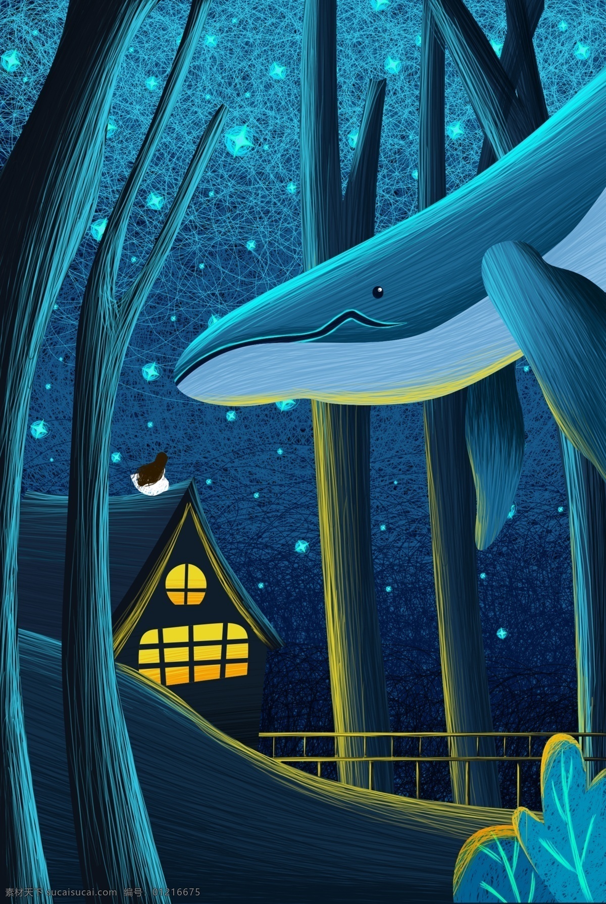 森林 鲸鱼 插画 卡通 海报 素材图片 清新 类 背景 分层