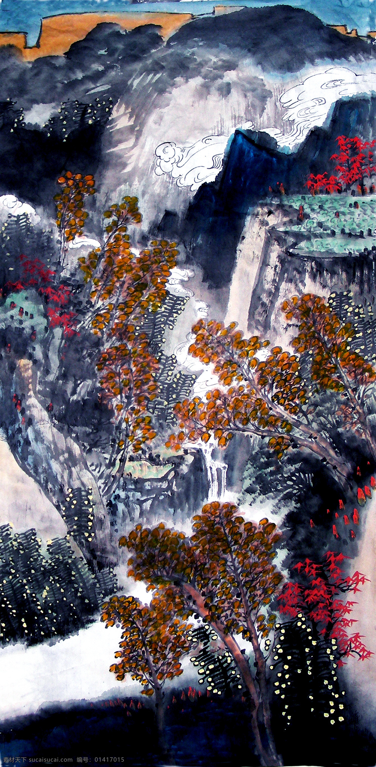 彩墨画 国画艺术 绘画 绘画书法 美术 秋色 山峰 山谷 秋山红树图 中国画 水墨画 山水画 山岭 云雾 树木 红树 书法 印章 国画集39 文化艺术 家居装饰素材 雕刻 图案