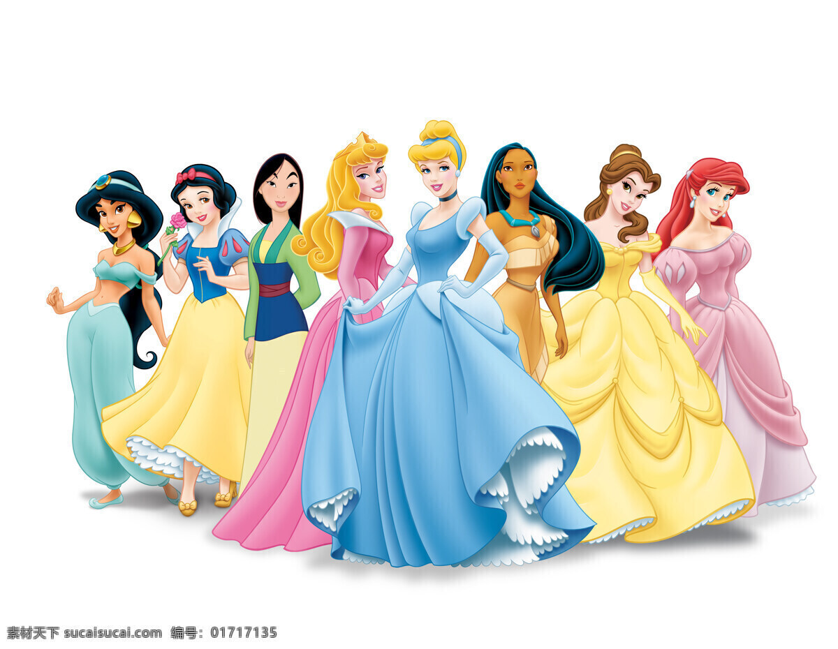 迪士尼 八 位 公主 爱丽儿 美人鱼 白雪公主 贝儿 爱洛 灰姑娘 茉莉 花木兰 动漫动画 动漫人物 设计图库