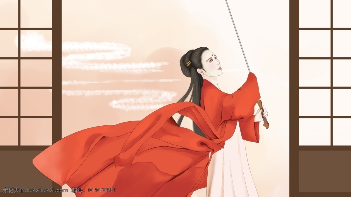 中国 水墨画 红衣 女子 中国风 插画 壁纸 唯美 古风