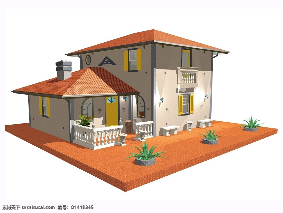 橙色 房顶 3d 别墅 3d别墅 房子 房屋 建筑模型 建筑设计 效果图 环境家居