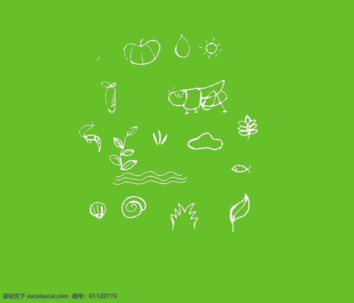 原生态 插画 元素 生态插画元素 插画元素 自然 绿色 环保 天然 淳朴 包装元素 设计图标 虾米 水草 太阳 绿叶 标志图标 其他图标