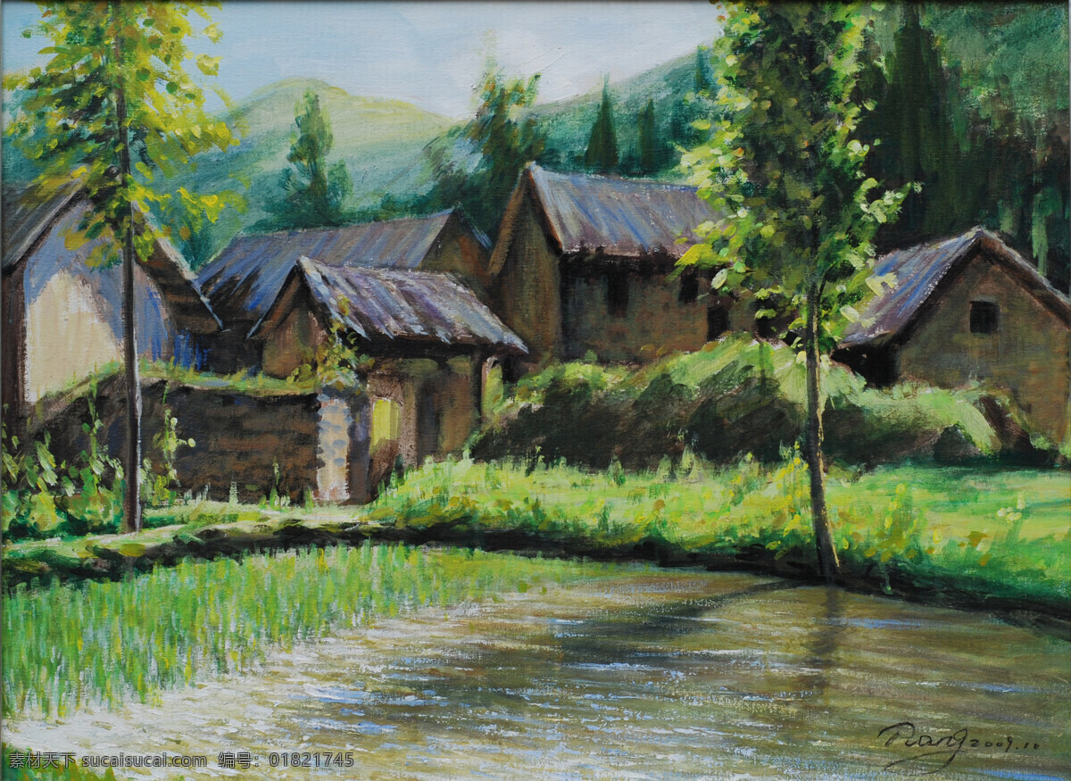 小 山村 房子 绘画书法 绿树 田野 文化艺术 油画 中国画 小山村 家居装饰素材