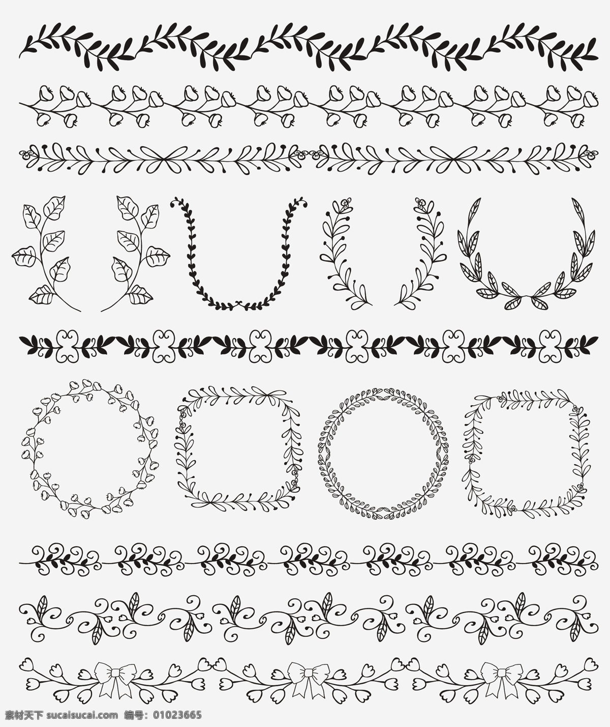 黑白 分割线 橄榄枝 花朵 线条 花环 矢量 唯美 精致 手绘 装饰 矢量素材 平面设计素材