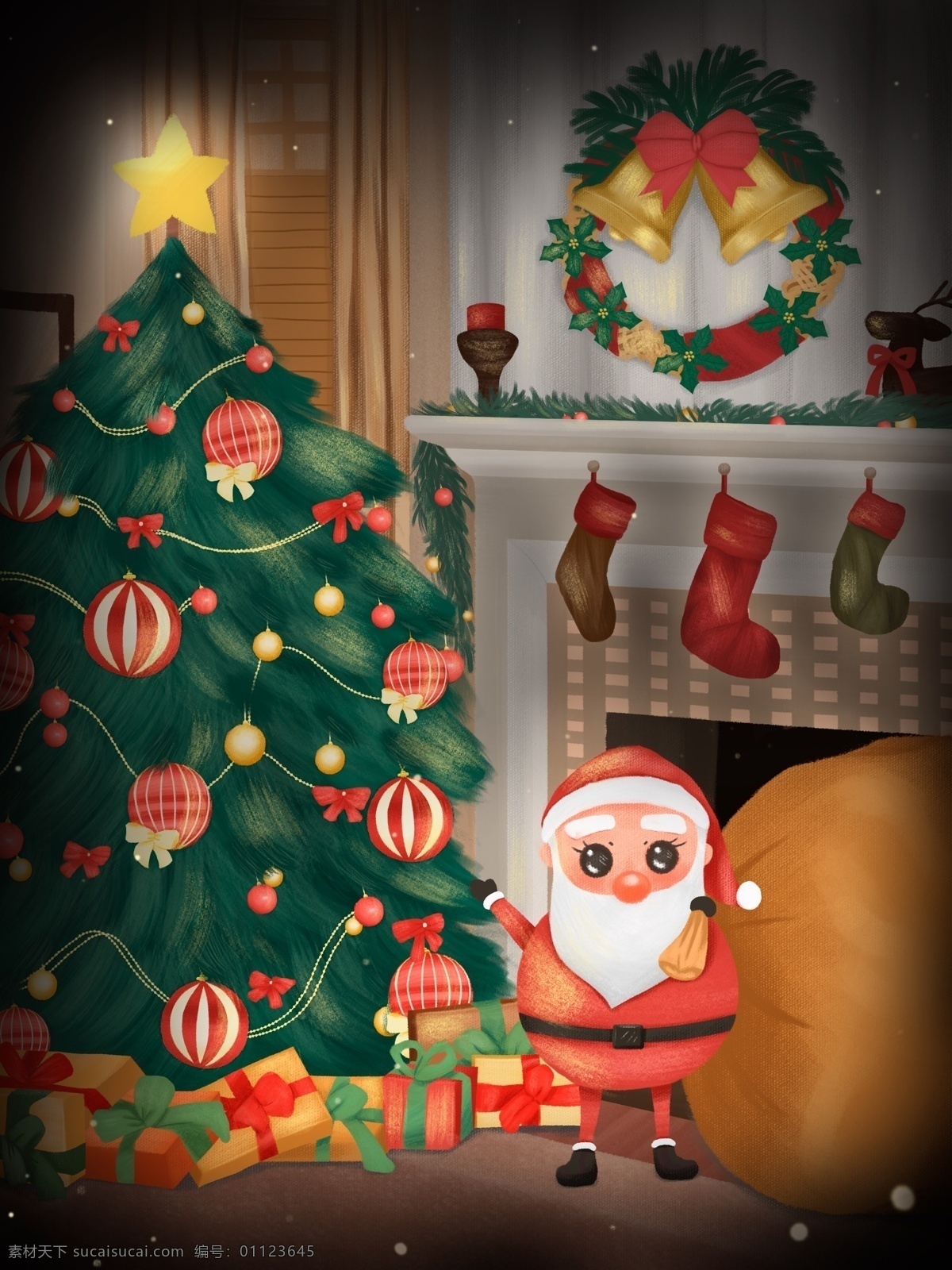 圣诞老人 拖 大 袋子 来到 家中 圣诞节 圣诞树 星星 礼盒 圣诞老公公 铃铛 袜子 礼袋 壁炉 摆饰 窗