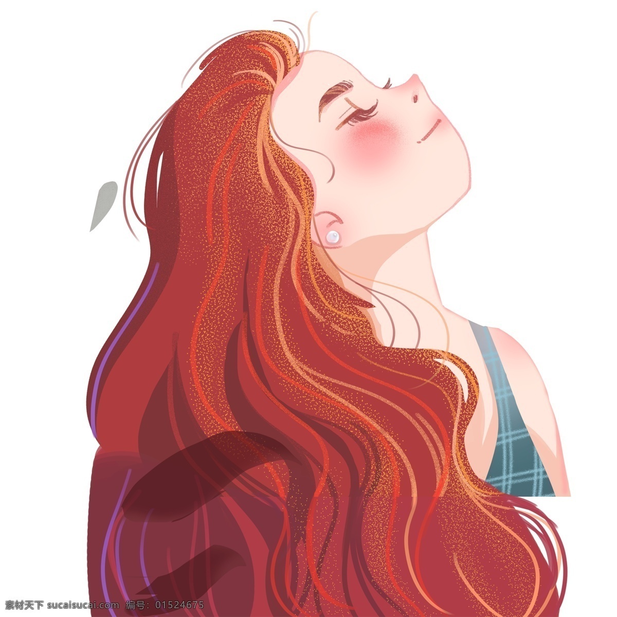 红色 长头 发 女孩 插画 长头发 人物 卡通 彩色 水彩 小清新 创意 装饰 图案 手绘风