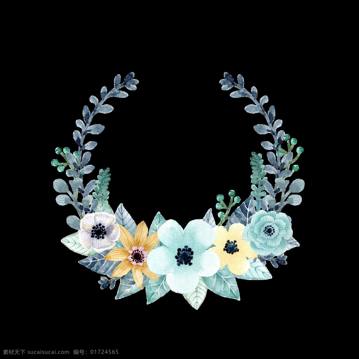 手绘 小 清新 半圆 花环 装饰 花朵 花枝 蓝色 免扣素材 树叶 透明素材 装饰图片