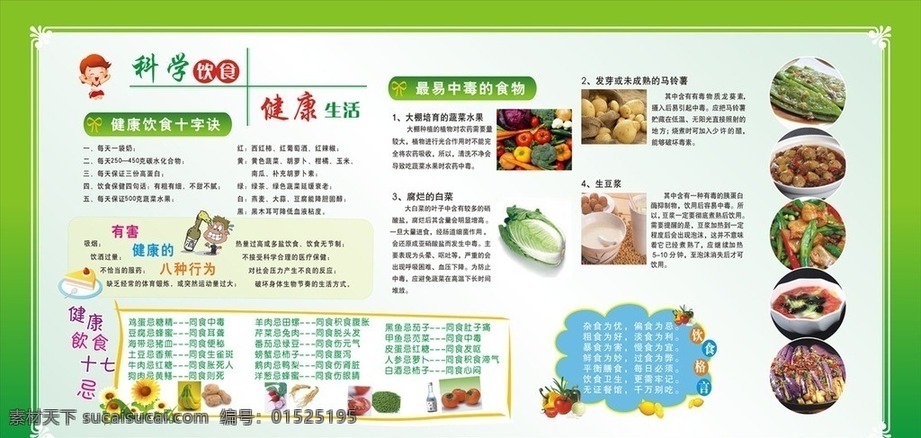 食堂 饮食 宣传栏 展板 绿色 科学 健康 生活 环保 菜 花边 边框 易中毒 食物