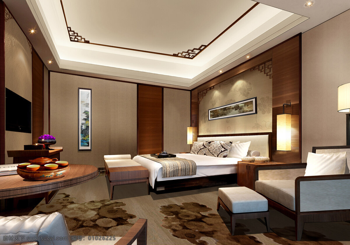 中式 酒店 单人 套房 单人套房 家具 高清效果图 环境设计 室内设计