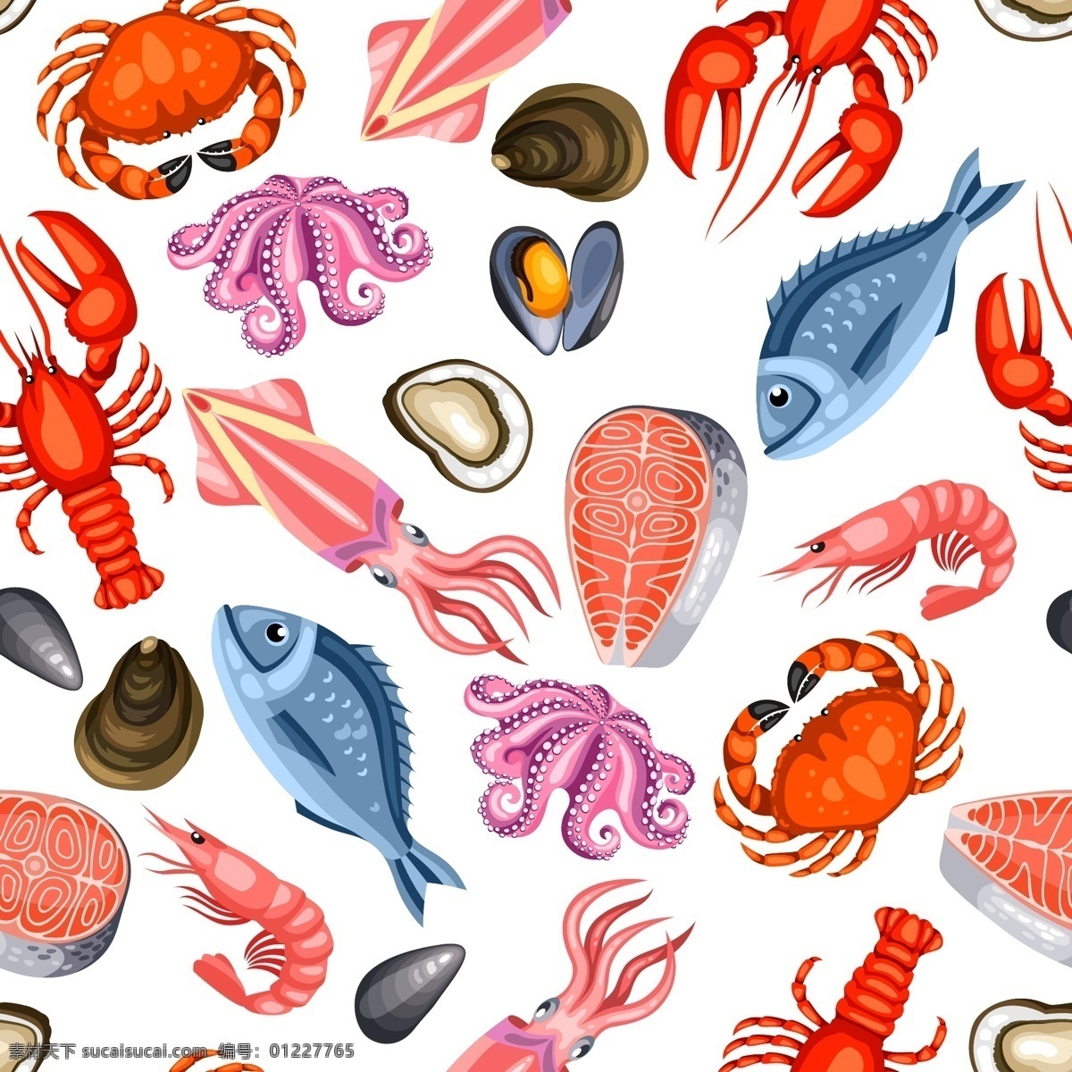 卡通 海鲜 食物 无缝 背景 矢量图 章鱼 螃蟹 龙虾 美食 三纹鱼