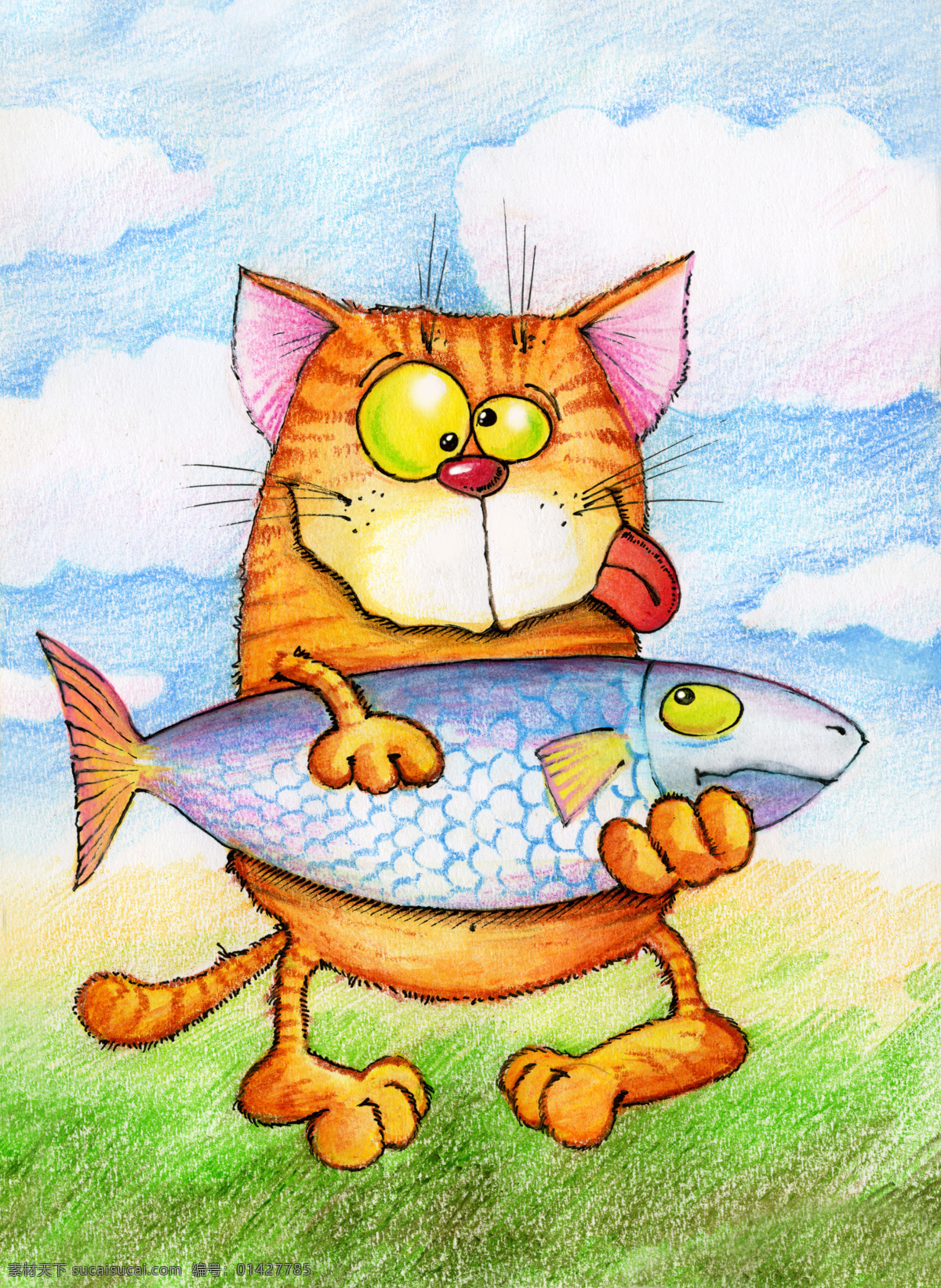 手绘猫咪 猫咪 猫猫 可爱 鱼 宠物 装饰画 绘画 无框画 动漫动画 草地 白云