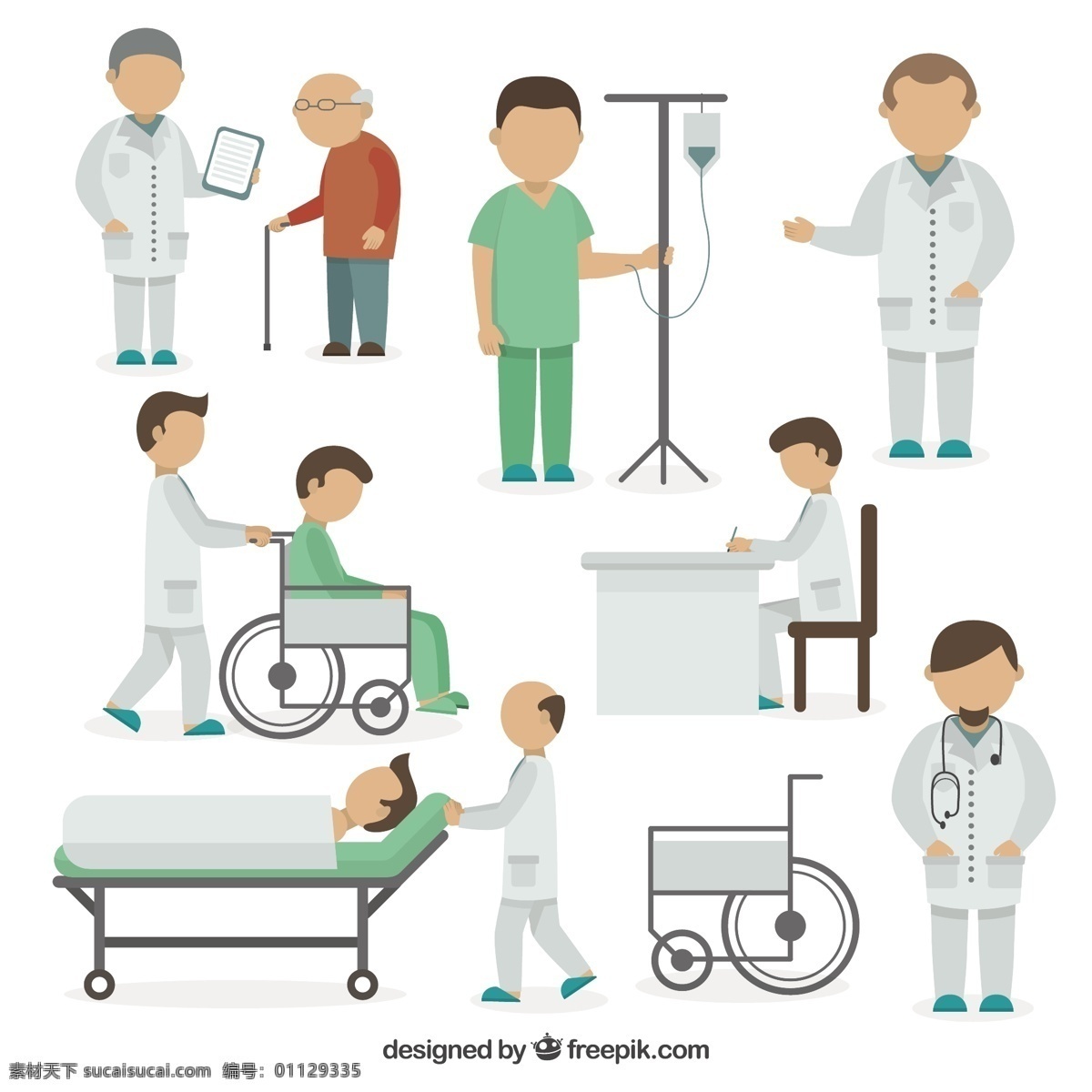 各种 医疗 情况 扁平 式 健康 医生 平面 医院 人 医学 平面设计 老年人 护士 医疗保健 护理 风格 轮椅 诊所 病人 品种 助理 白色