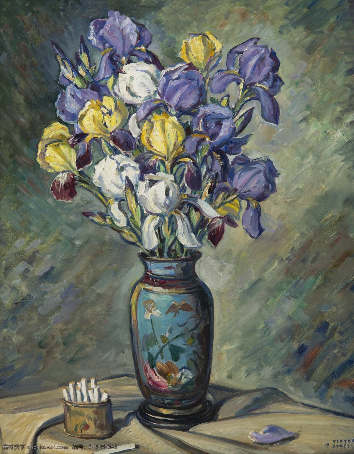 鸢尾花 混搭鲜花 景泰兰花瓶 香烟 白色桌布 20世纪油画 油画 文化艺术 绘画书法