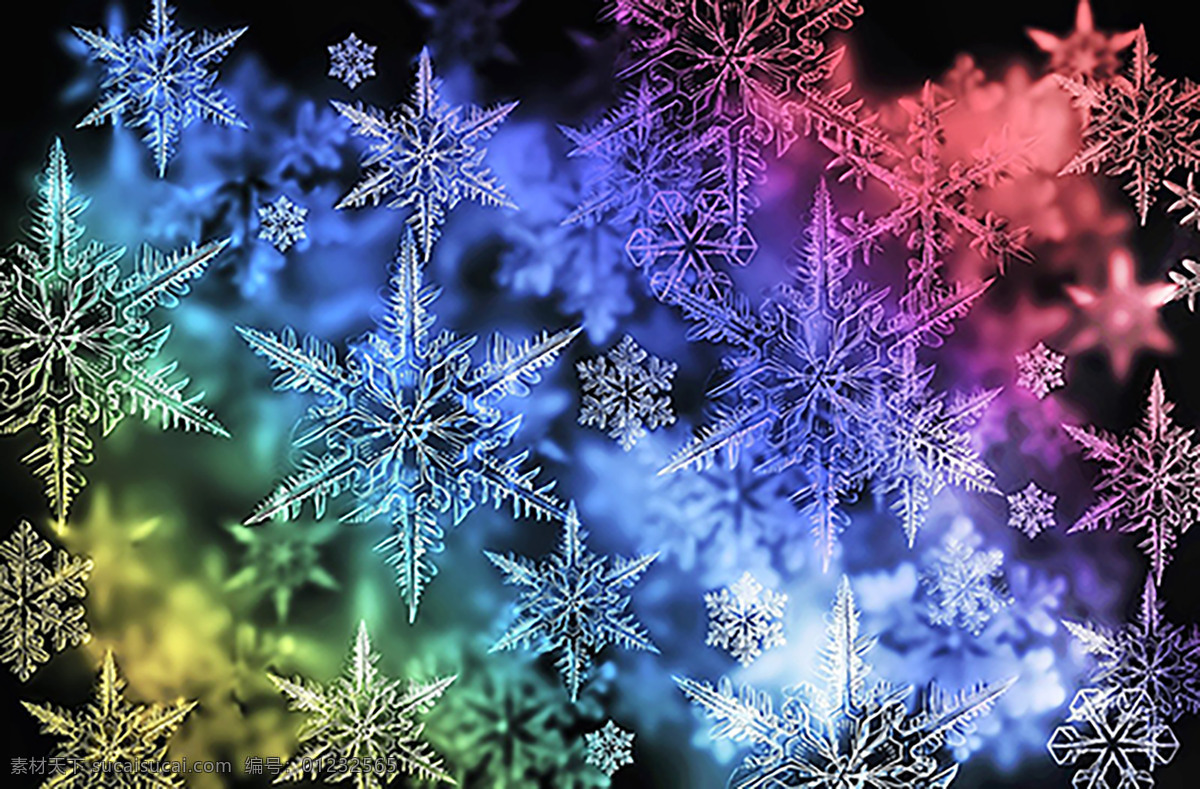 冬季 雪花 冰晶 背景 图 黄色 蓝色 浅红色 浅蓝色 深红色 水蓝色 紫色