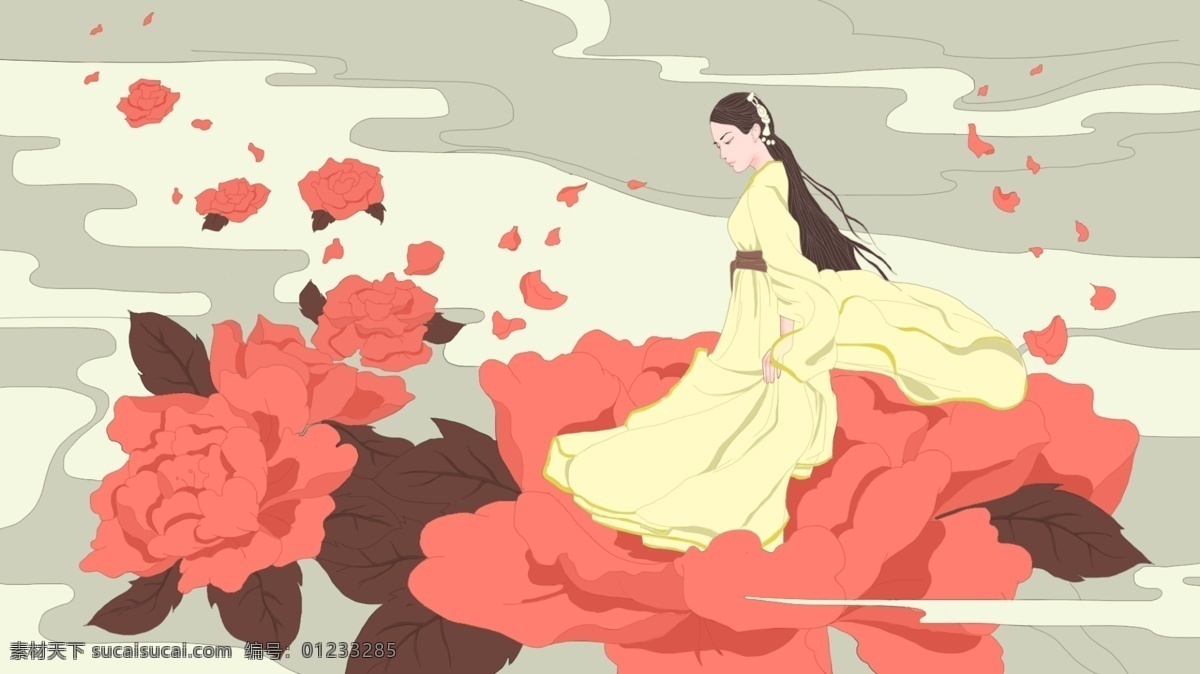 中国 风 古风 牡丹 仙子 唯美 浪漫 插画 中国风 汉服 美女
