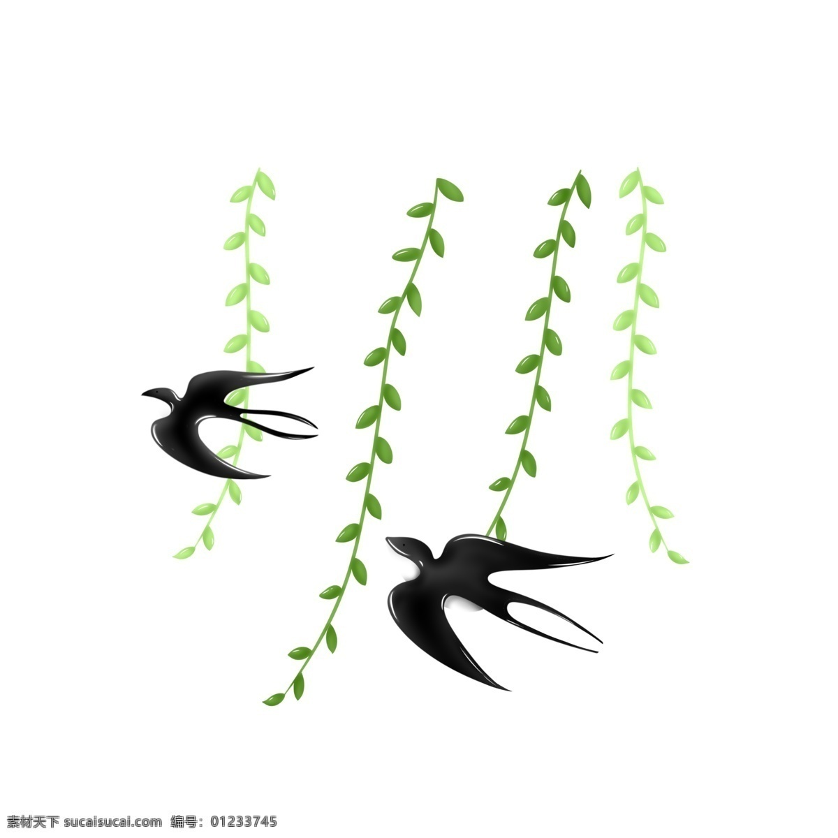 绿色植物 柳条 插图 黑色燕子 飞行的燕子 卡通图案 漂亮的燕子 绿色柳条 清明祭祖 清明春游 燕子来了