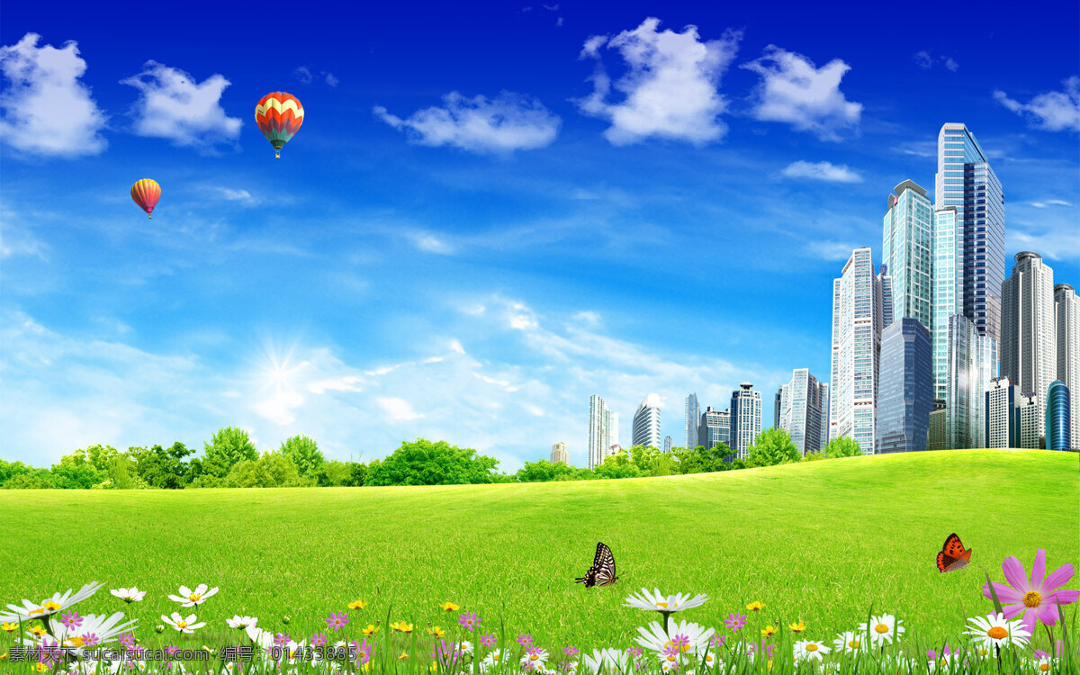 合成风景壁纸 合成 风景 壁纸 草地 热气球 建筑 花朵 自然风光 自然景观