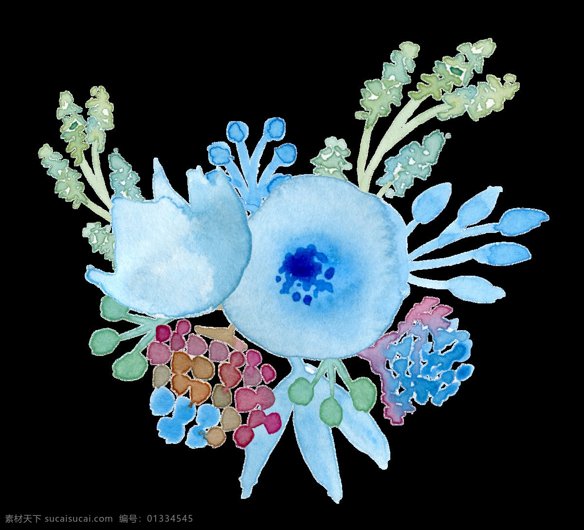 手绘 水 蓝色 水彩 花 透明 果子 透明蓝色 花苞 渐变 叶子 透明素材 免扣素材 装饰图片