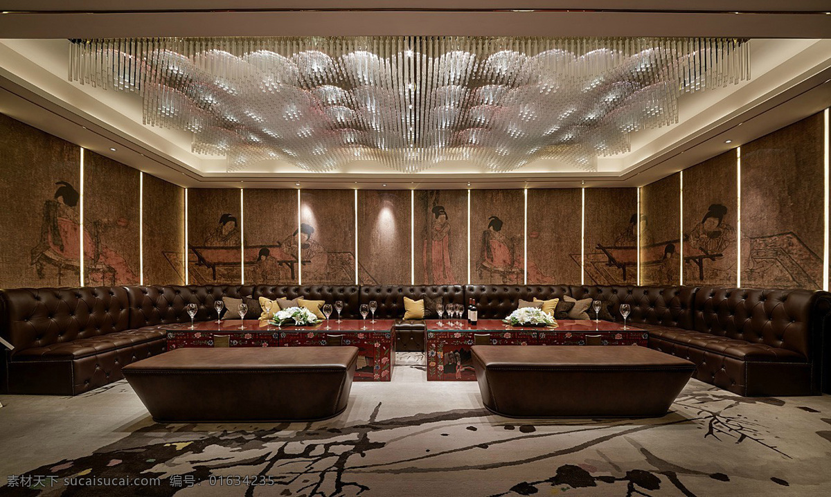 酒店 中国 风 壁画 环绕 真皮沙发 vip 休息室 休息室效果图 实木 地毯 古典 环绕真皮沙发 水晶吊灯 纹理 艺术 创意 精品 质感 精 装修 设计图