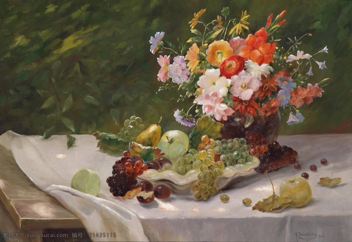 玻璃花瓶 绘画书法 梨 苹果 葡萄 文化艺术 油画 鲜花 水果 设计素材 模板下载 鲜花与水果 永恒之美 混搭鲜花 李桃 白色桌布 19世纪油画