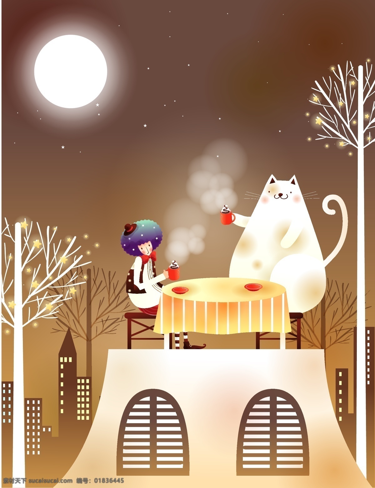 浪漫餐厅 夜晚 童话 插画 猫咪 白色