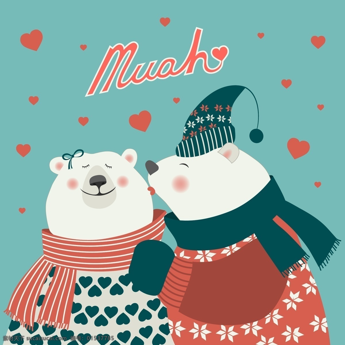 两 只 可爱 北极熊 情侣 插画 动物 卡通 恋人