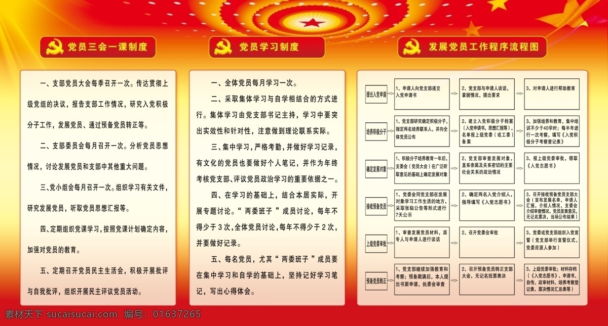 党员三会一课 学习 制度 流程 党员 三会一课 学习制度 发展党员 红黄背景 展板 村制度 宣传版面 分层