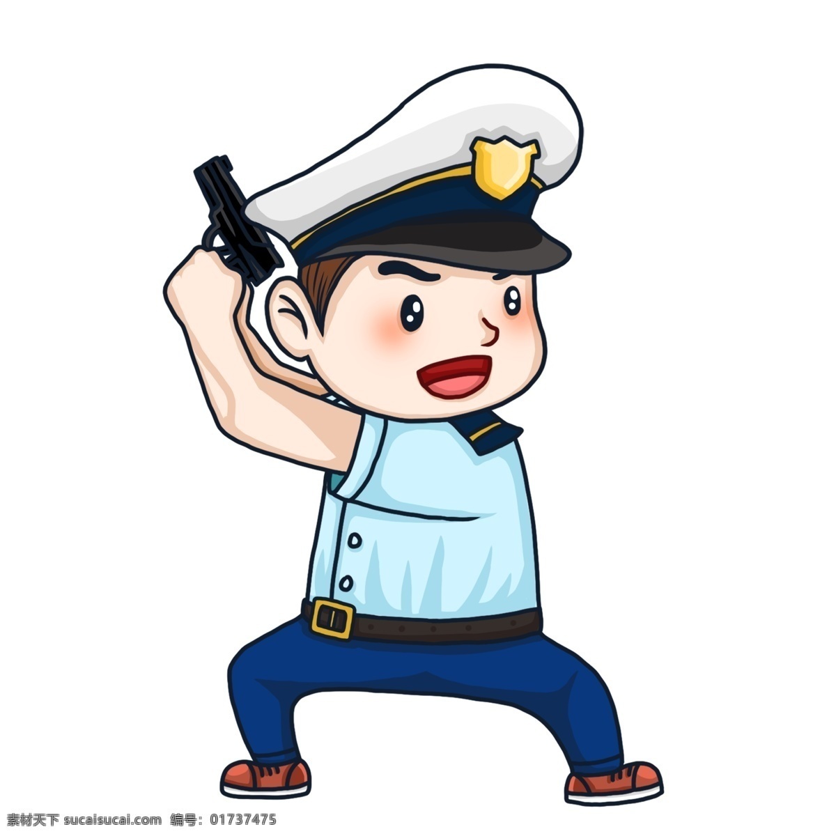 手绘 可爱 举 枪 警察 人物 漫画 插画 抢 职业 英雄