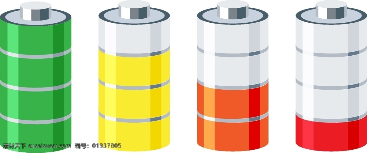 四 只 彩色 电池 矢量 蓄电池 干电池 充电 电源 电量 电力 能源 动力 符号 标志 图形 图标 充电指示 电池设计 文化艺术 绘画书法