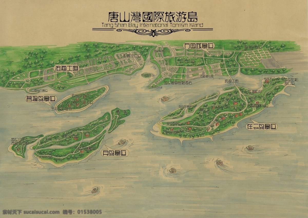 唐山 乐亭 旅游 岛 风景 手绘 总体规划 展示 复古 海报 纪念品 绿色 牛皮纸 线稿 宣传 指引