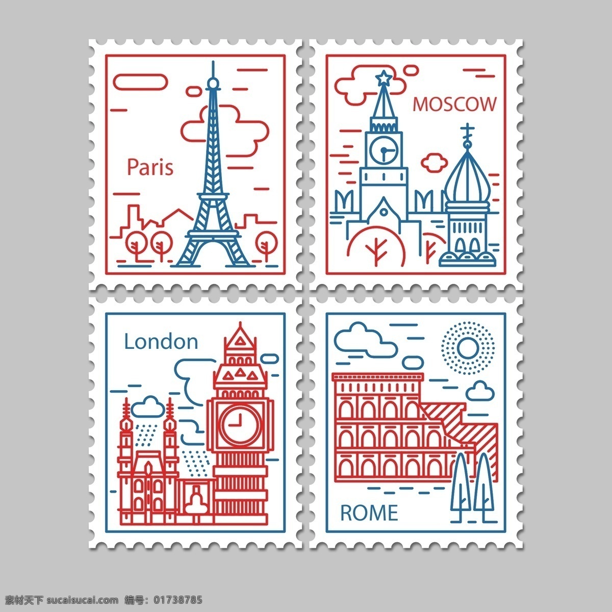 创意 线条 绘 建筑 插画 旅行 简约 铁塔 邮票 景点