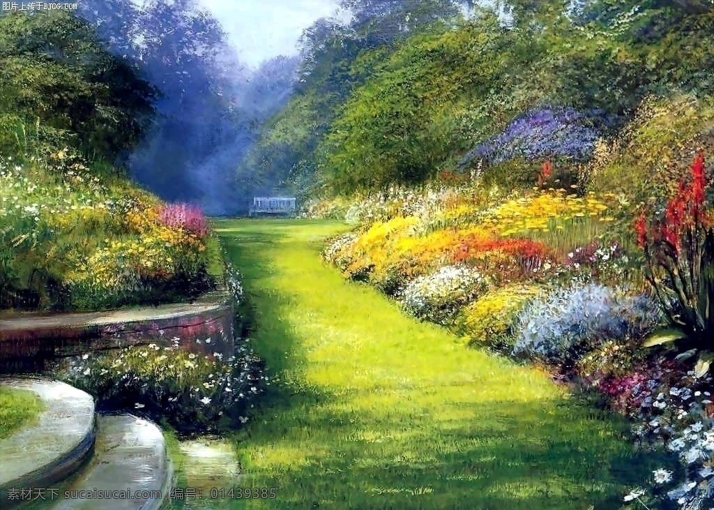 油画风景 油画 风景油画 花丛 台阶 小道 自然风光 自然景观