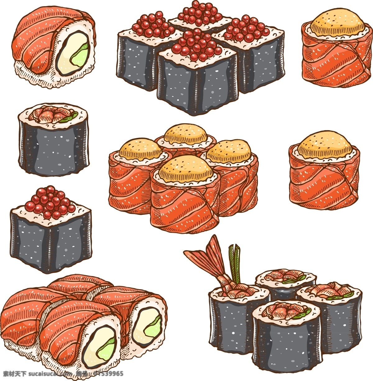 寿司背景 寿司 日本料理 美食 背景 手绘寿司 寿司底纹 寿司插画 三文鱼寿司 矢量 适量