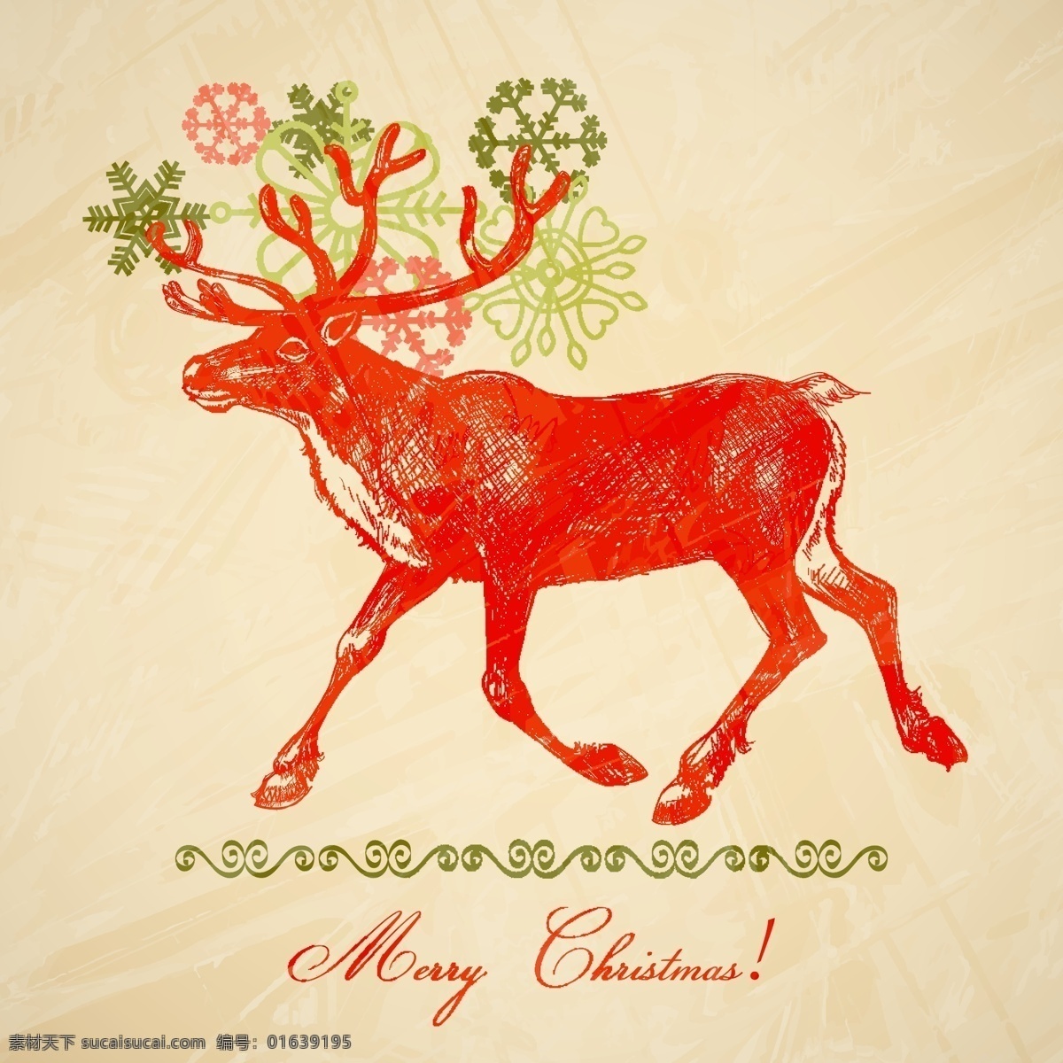 圣诞节 麋鹿 矢量 eps格式 背景 彩绘 插画 矢量图 手绘 雪花 装饰 风格 节日素材 其他节日