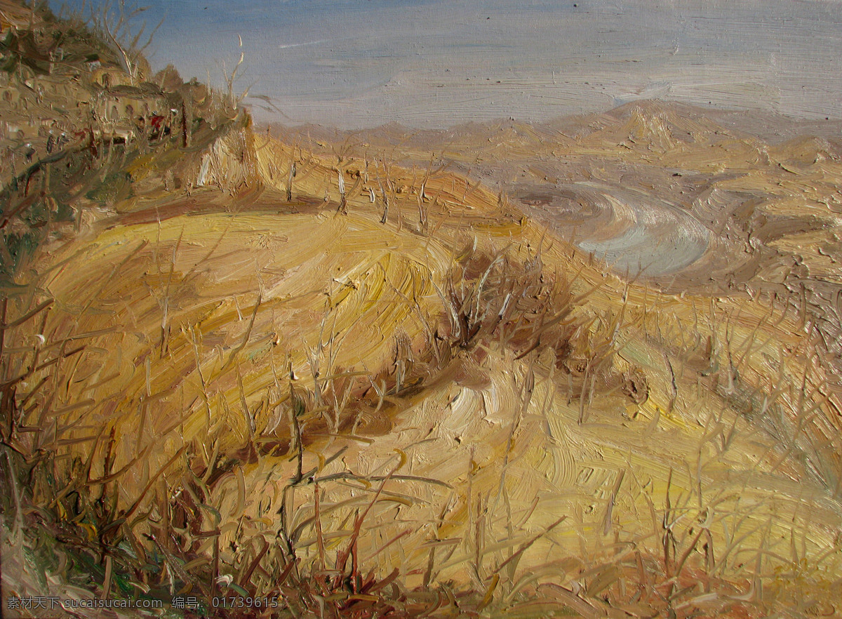 房屋 风景 河流 绘画书法 美术 山岭 树木 黄土地 油画 西北 黄土高原 村子 油画艺术 油画作品39 文化艺术