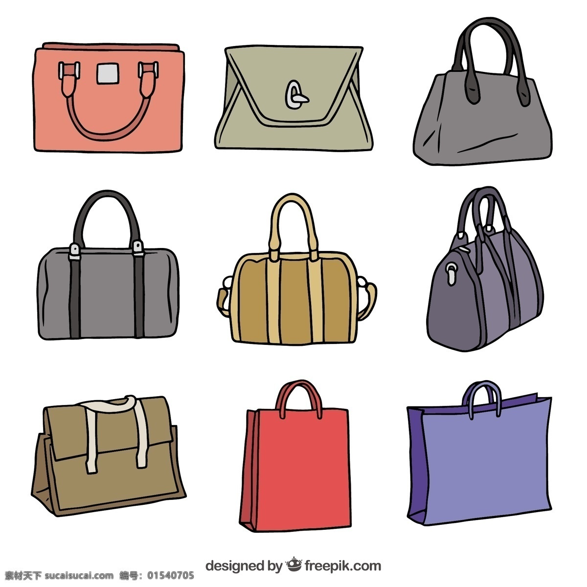 不同 颜色 手绘 手袋 一方面 时尚 购物 色彩 包 存储 购物袋 袋 画 不同的购物者 行李 配件