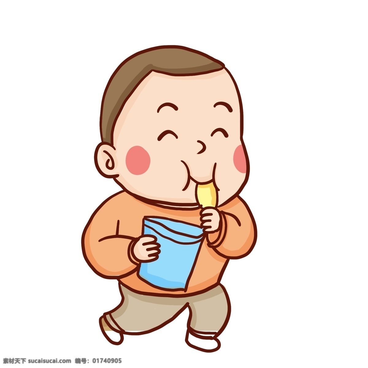 手绘 开心 吃 薯片 男孩 漫画 人物 卡通 插画 吃薯片 吃零食 可爱