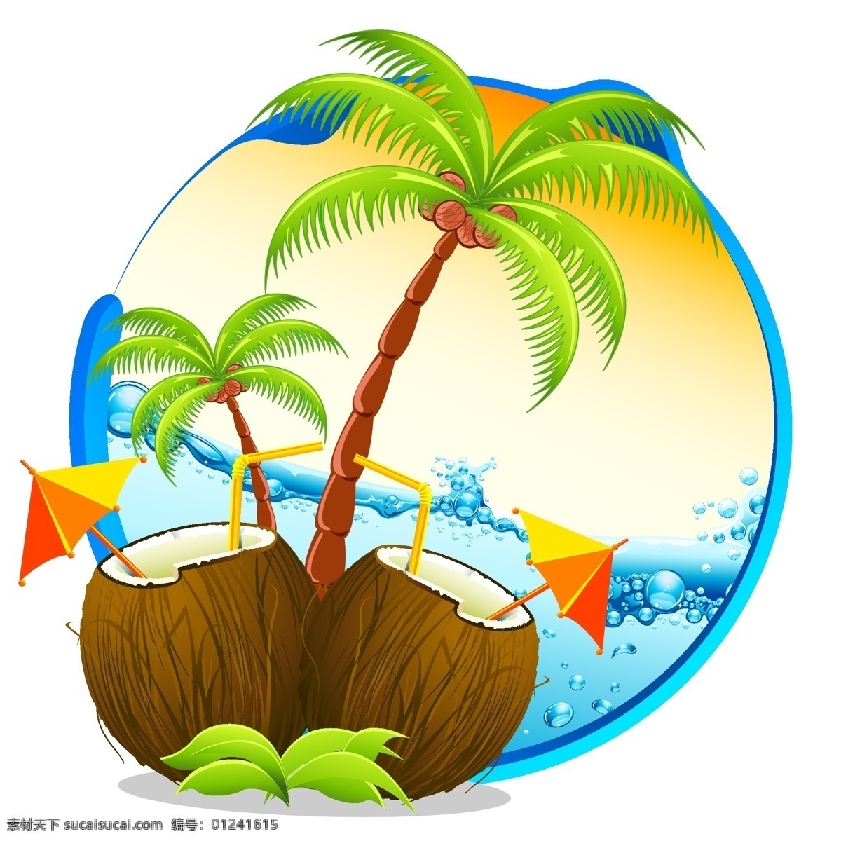 海边风情插画 海边插画 海边风情 热浪插画 插画 椰树 椰子 海水 共享设计矢量