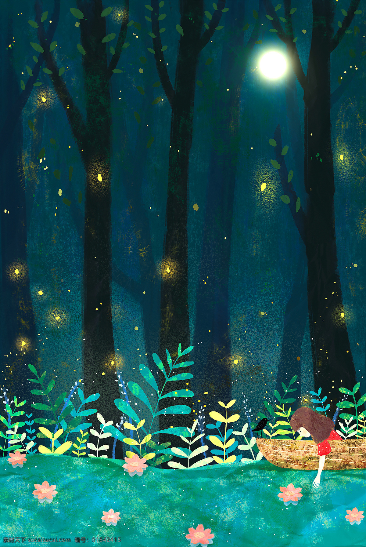 手绘 卡通 绿色 背景 草地 花朵 星光 时尚 月亮 树林 女孩 精致